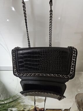 MMS Design Studio Black Croc-Embossed Chain Shoulder Bag
